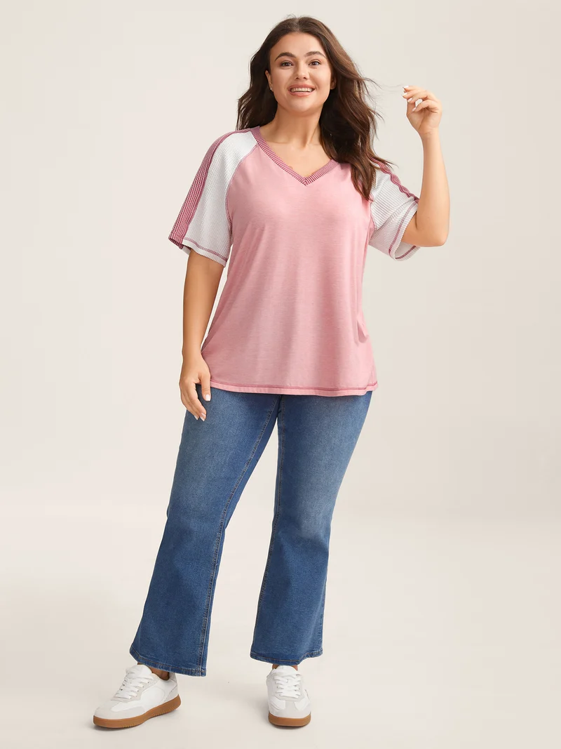 Color Contrast Textured Raglan Sleeve T-Shirt