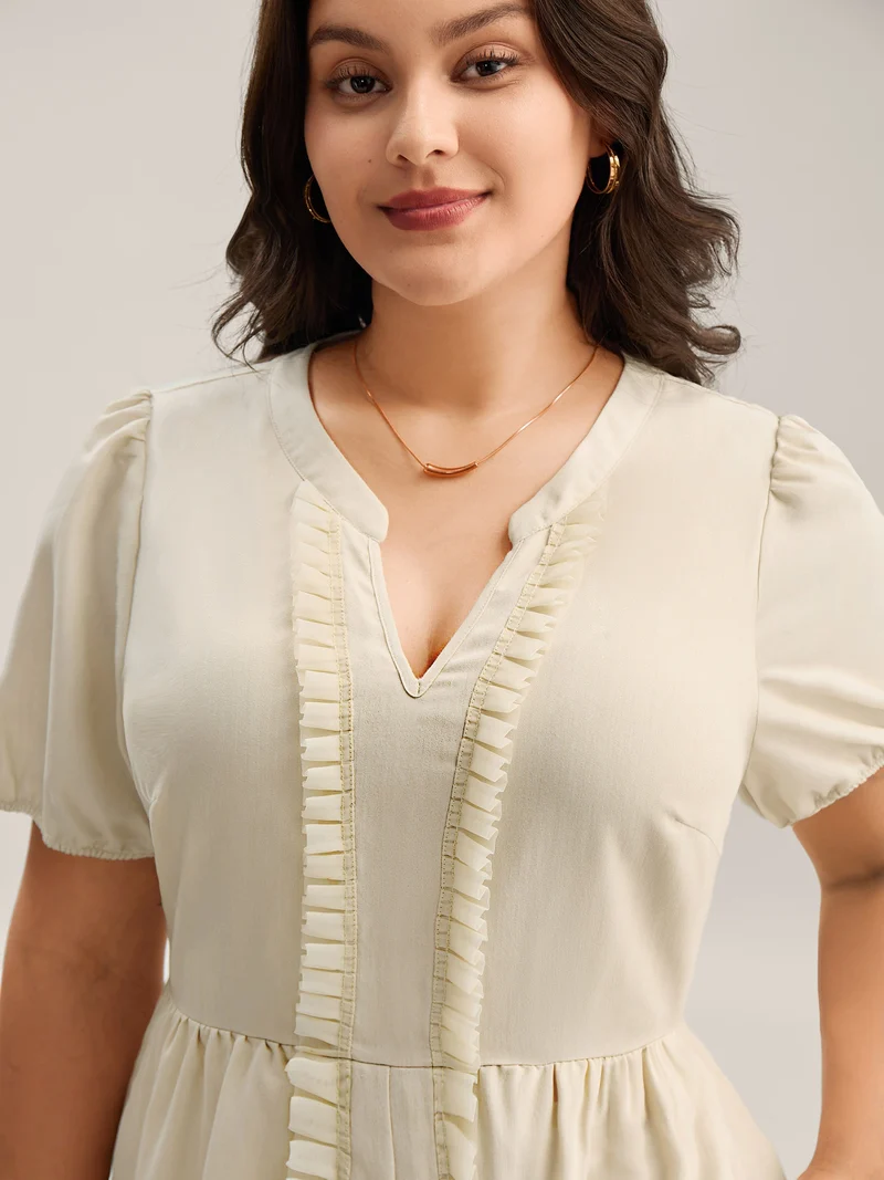 Lace Trim Solid Pockets Midi Dress