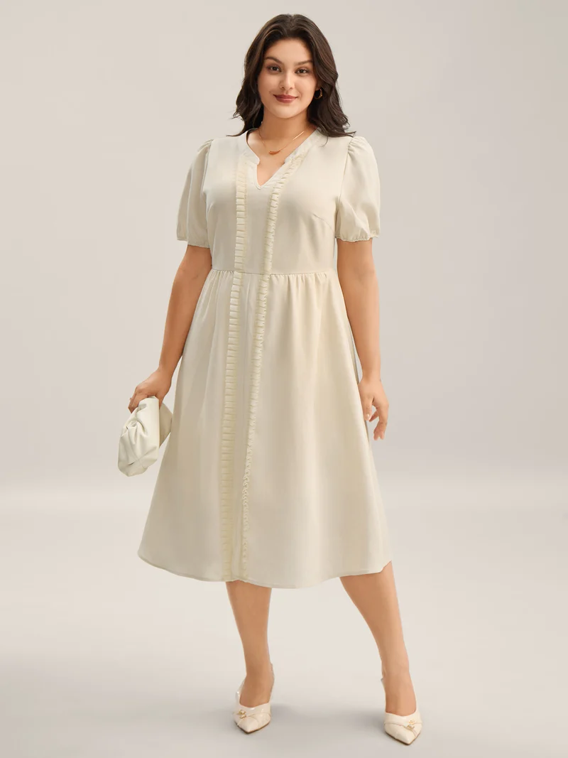 Lace Trim Solid Pockets Midi Dress