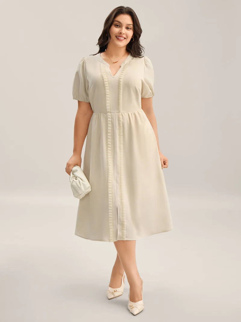 Lace Trim Solid Pockets Midi Dress