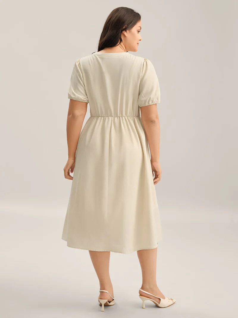 Lace Trim Solid Pockets Midi Dress