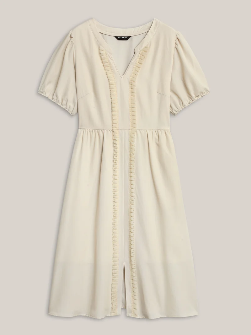 Lace Trim Solid Pockets Midi Dress