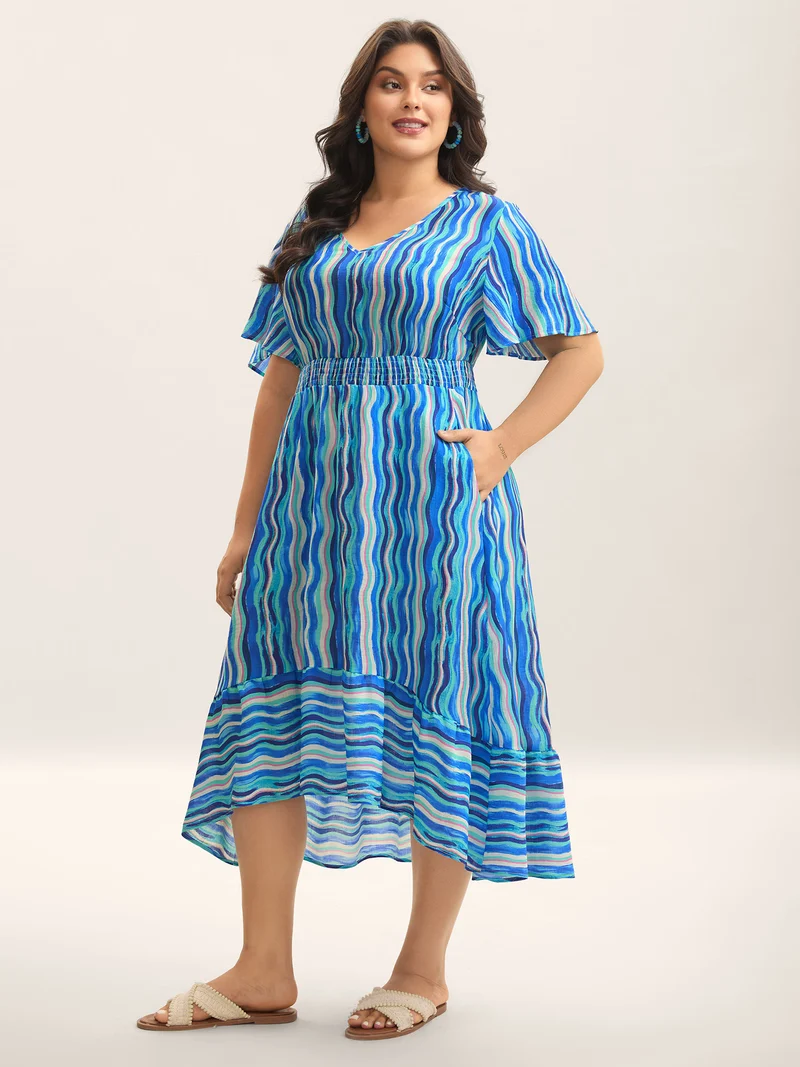 Nautical Waves Shirred Waist Midi Dress