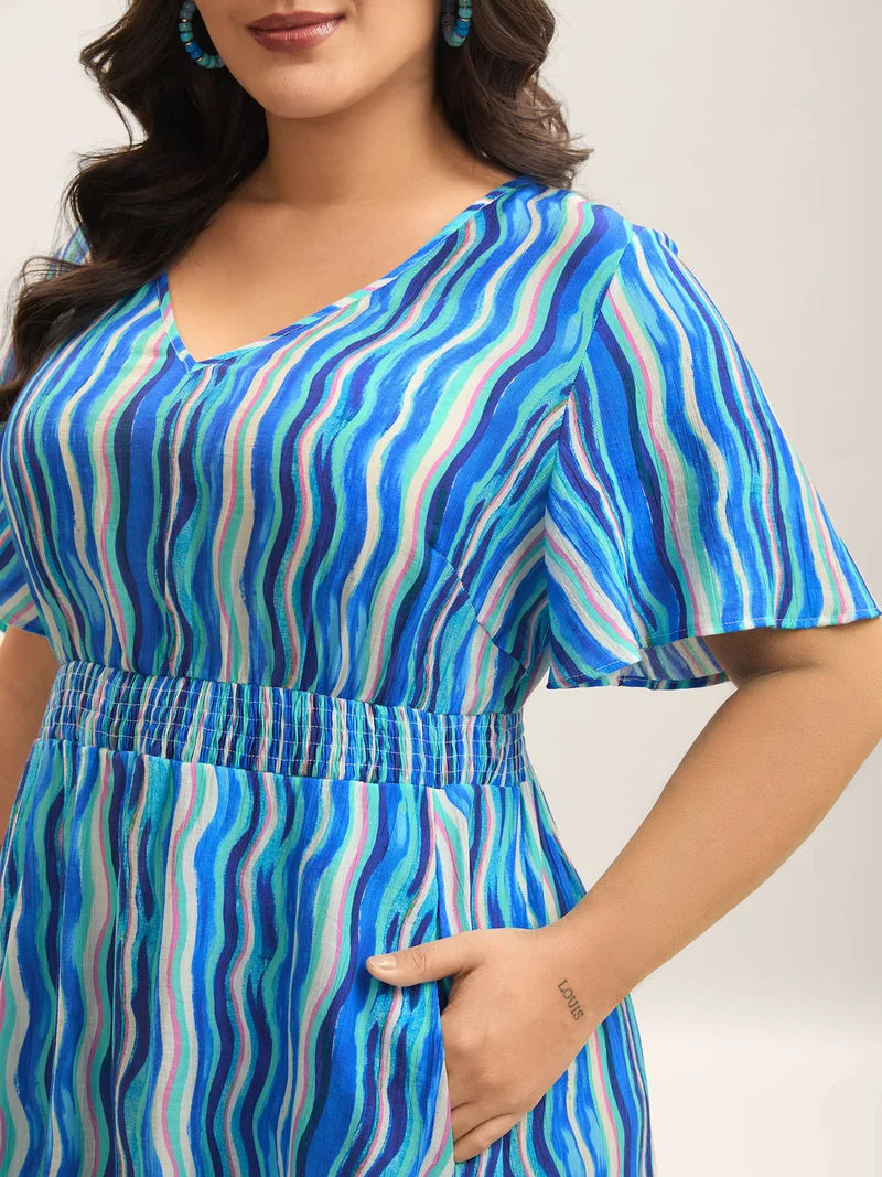 Nautical Waves Shirred Waist Midi Dress