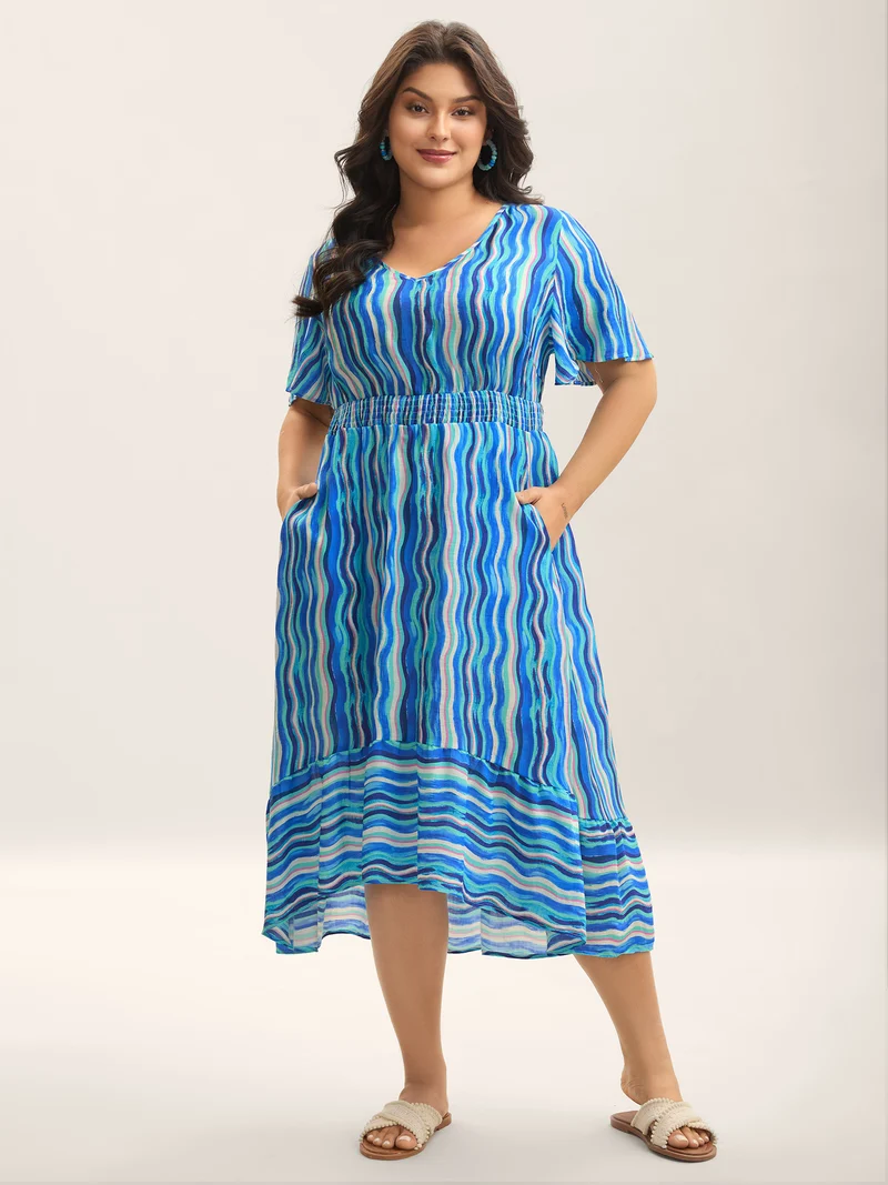 Nautical Waves Shirred Waist Midi Dress