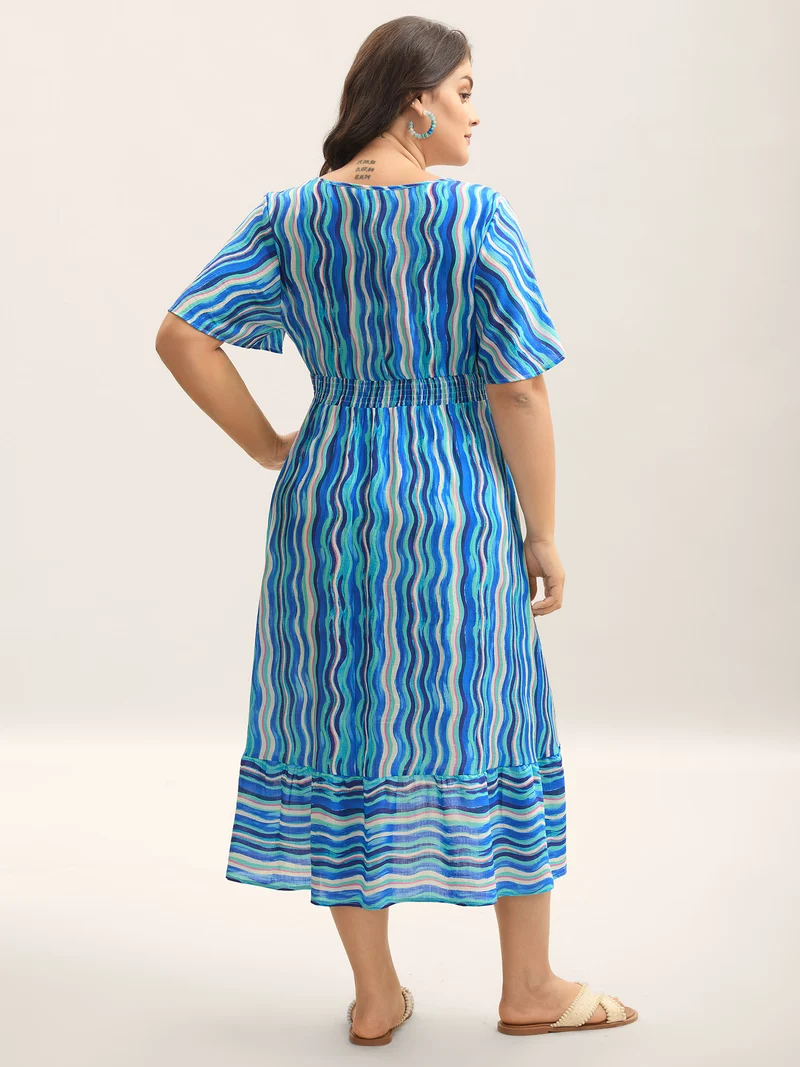 Nautical Waves Shirred Waist Midi Dress