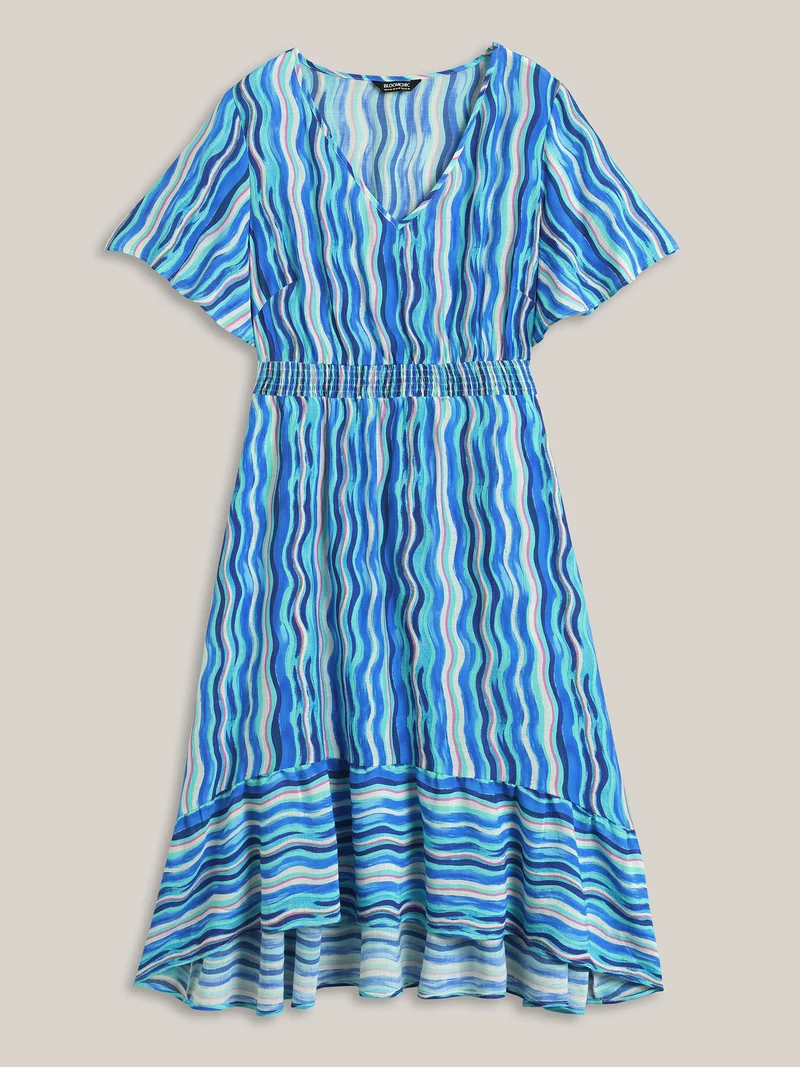 Nautical Waves Shirred Waist Midi Dress