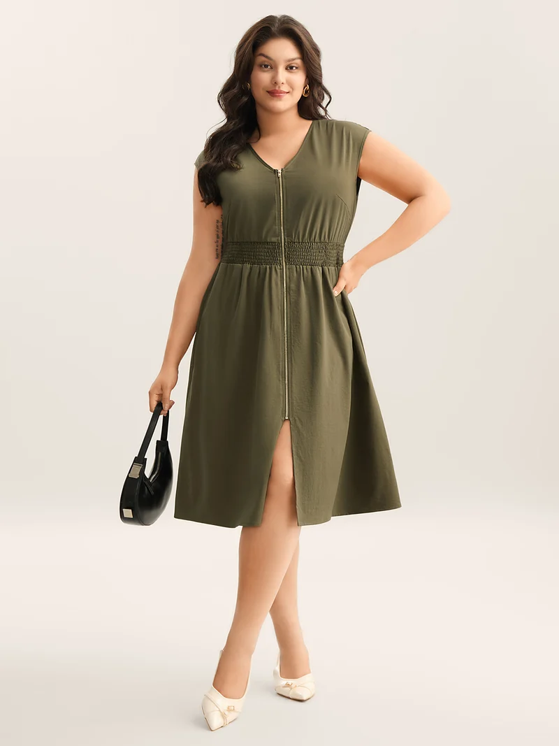 Zipper Front Woven A-Line Midi Skirt