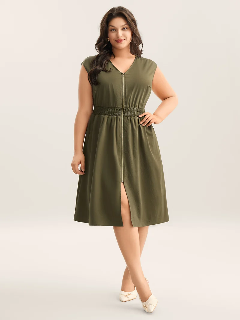 Zipper Front Woven A-Line Midi Skirt