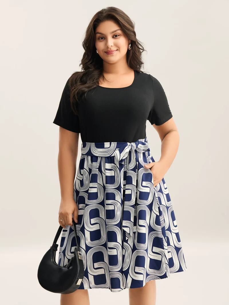 Abstract Pattern Color Contrast Belted Midi Dress