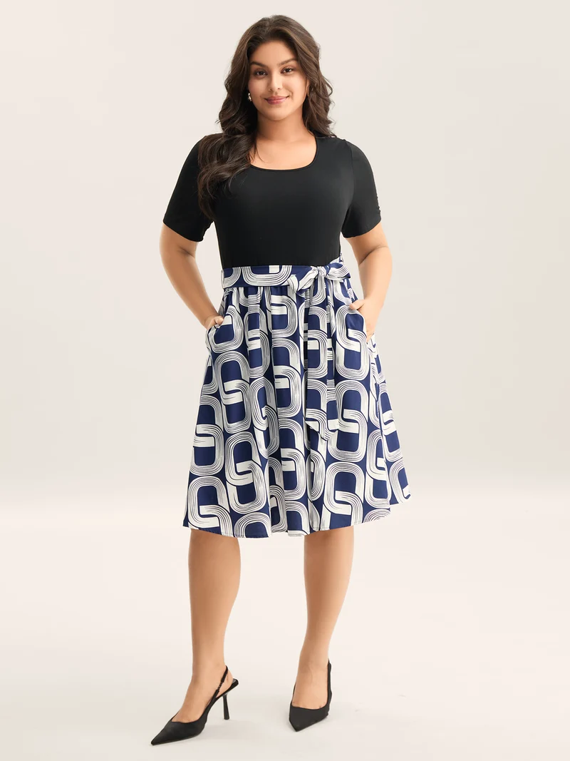 Abstract Pattern Color Contrast Belted Midi Dress