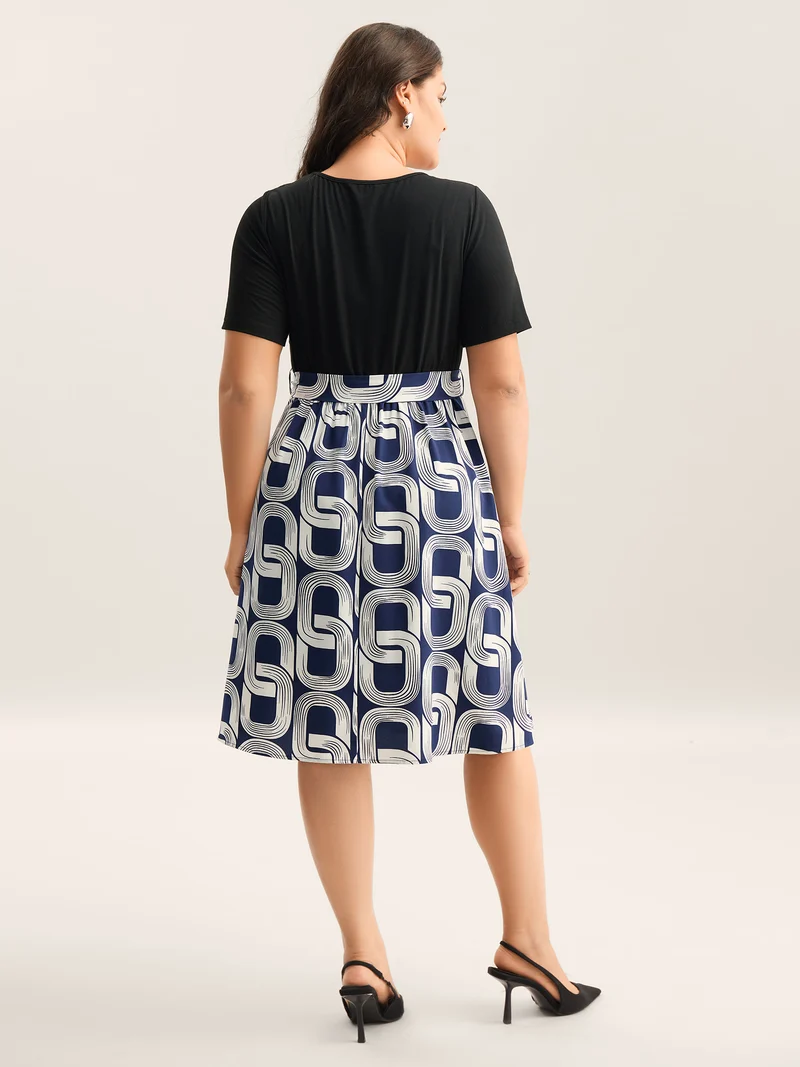 Abstract Pattern Color Contrast Belted Midi Dress