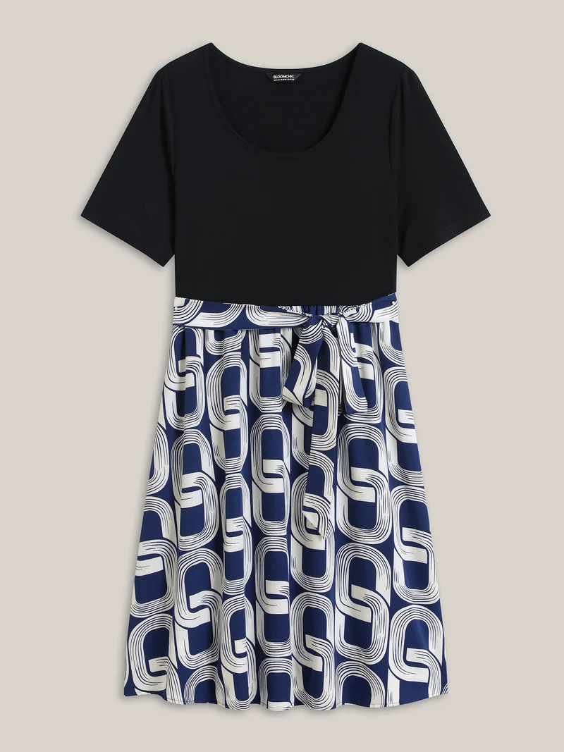 Abstract Pattern Color Contrast Belted Midi Dress