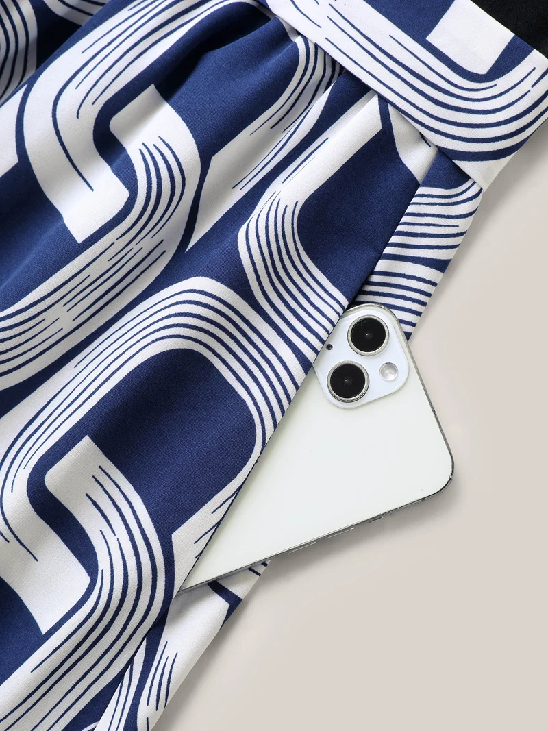 Abstract Pattern Color Contrast Belted Midi Dress