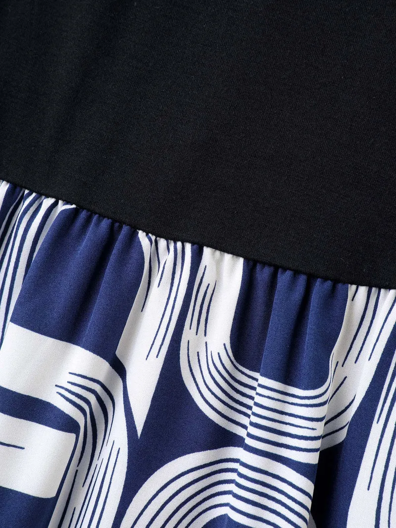 Abstract Pattern Color Contrast Belted Midi Dress