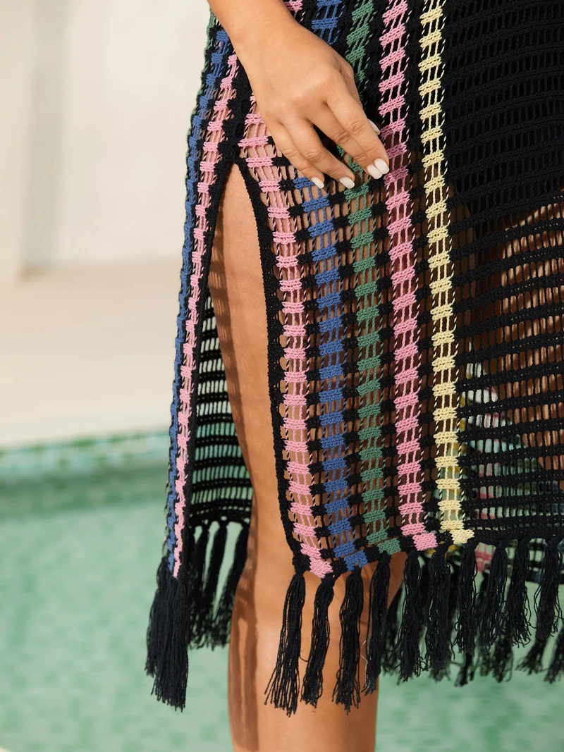 Colorful Stripes Cut-Out Tassel Swim Cover-Up