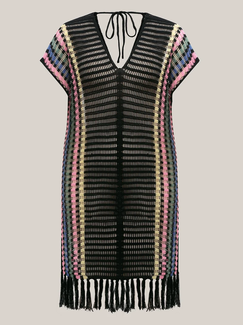Colorful Stripes Cut-Out Tassel Swim Cover-Up