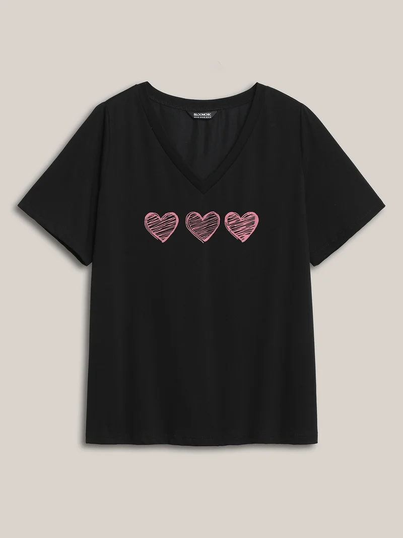 Blushing Hearts Pattern V-Neck T-Shirt