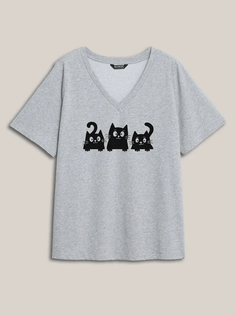 Playful Cats Pattern V-Neck T-Shirt