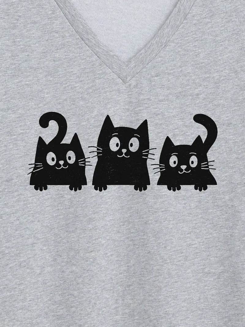 Playful Cats Pattern V-Neck T-Shirt