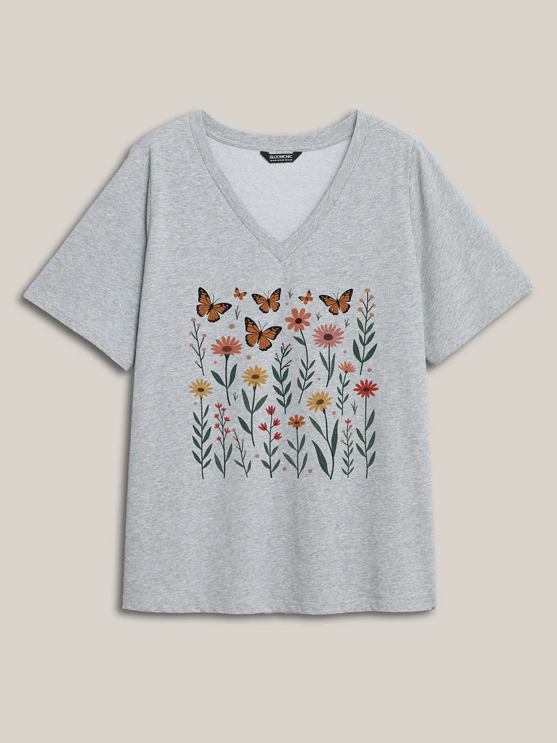 Butterflies Pattern V-Neck T-Shirt