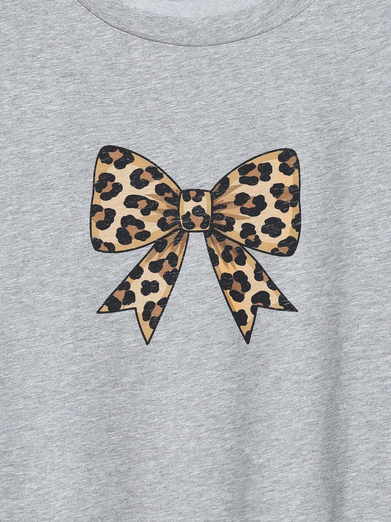 Leo Bow Pattern Round Neck T-Shirt