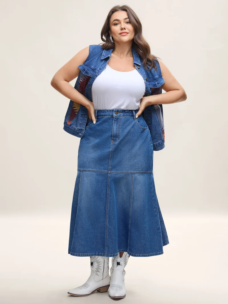 A-Line Seamed Maxi Denim Skirt