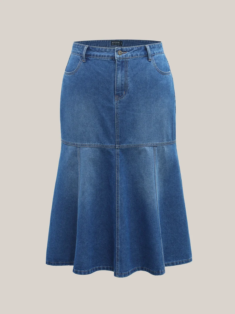 A-Line Seamed Maxi Denim Skirt