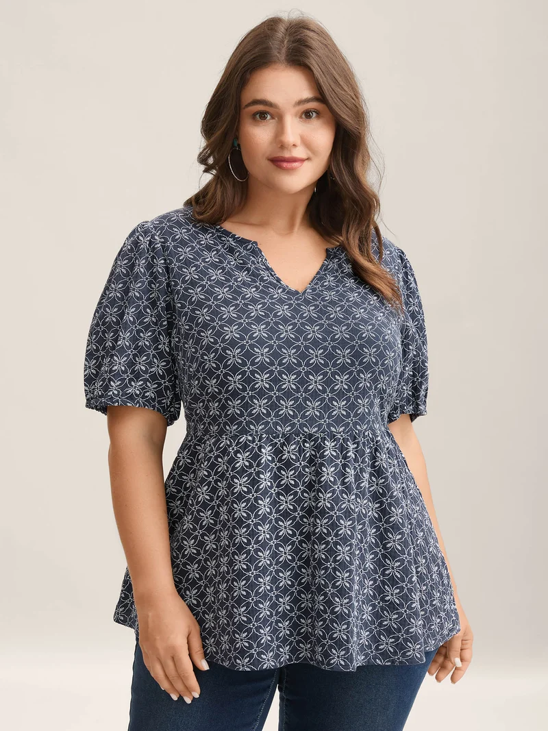Cotton Geometric Print Puff Sleeve Babydoll Top