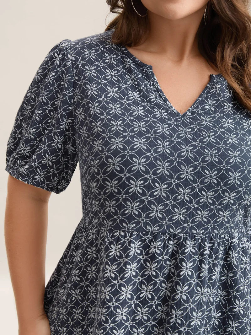 Cotton Geometric Print Puff Sleeve Babydoll Top