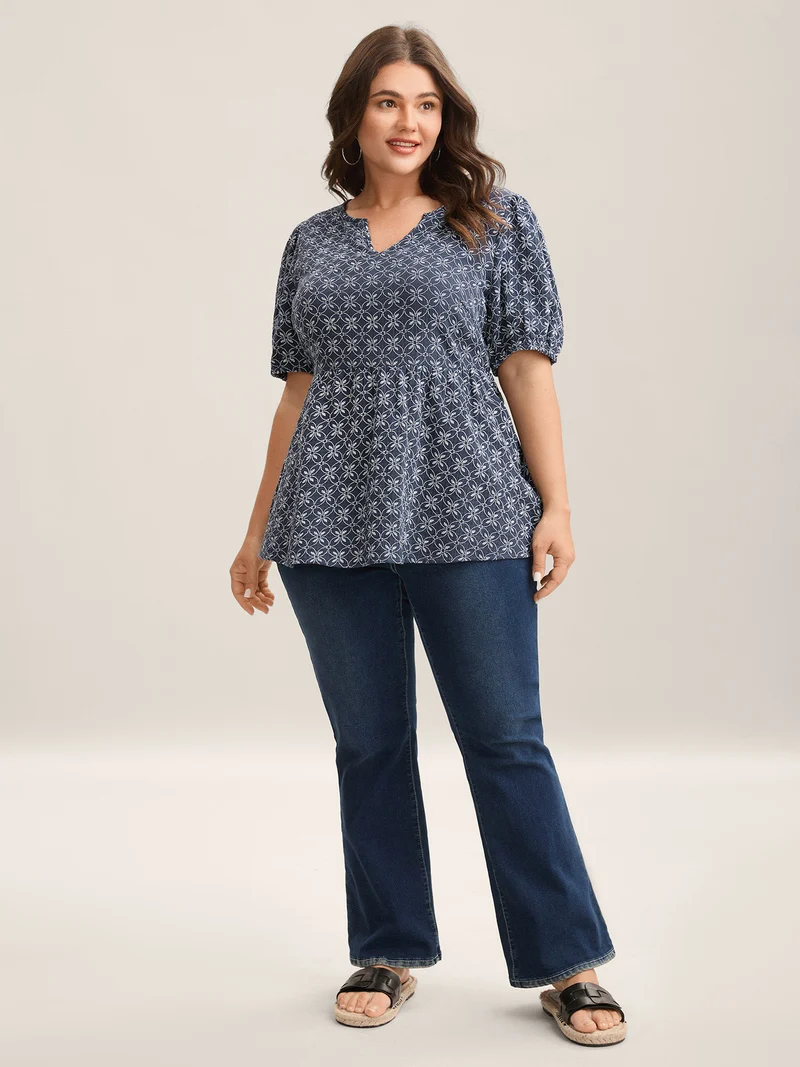Cotton Geometric Print Puff Sleeve Babydoll Top