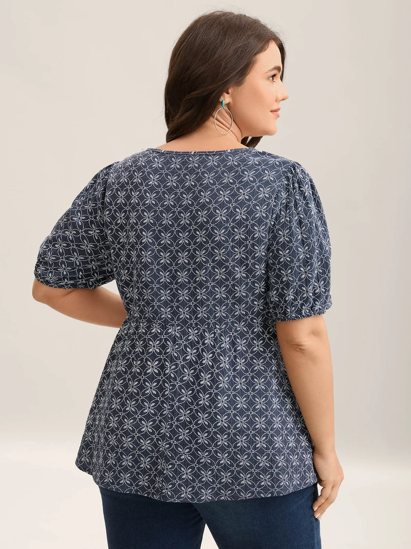 Cotton Geometric Print Puff Sleeve Babydoll Top