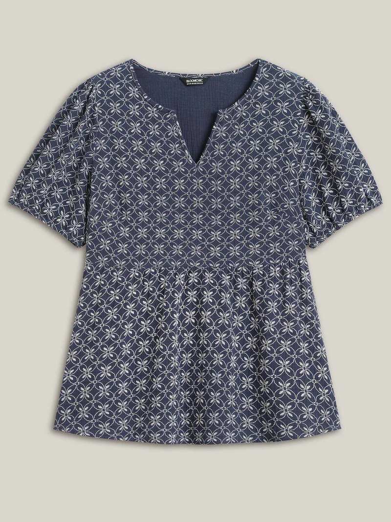 Cotton Geometric Print Puff Sleeve Babydoll Top