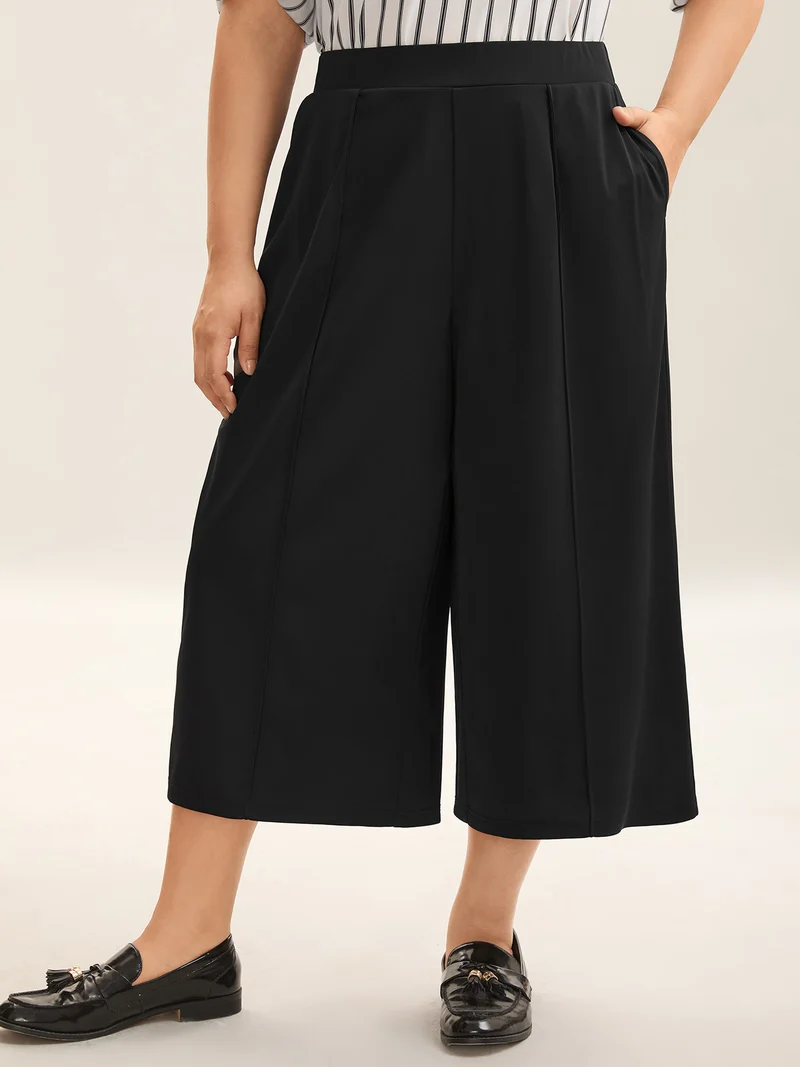 Stretchy Pleated Pockets Wide-Leg Pants