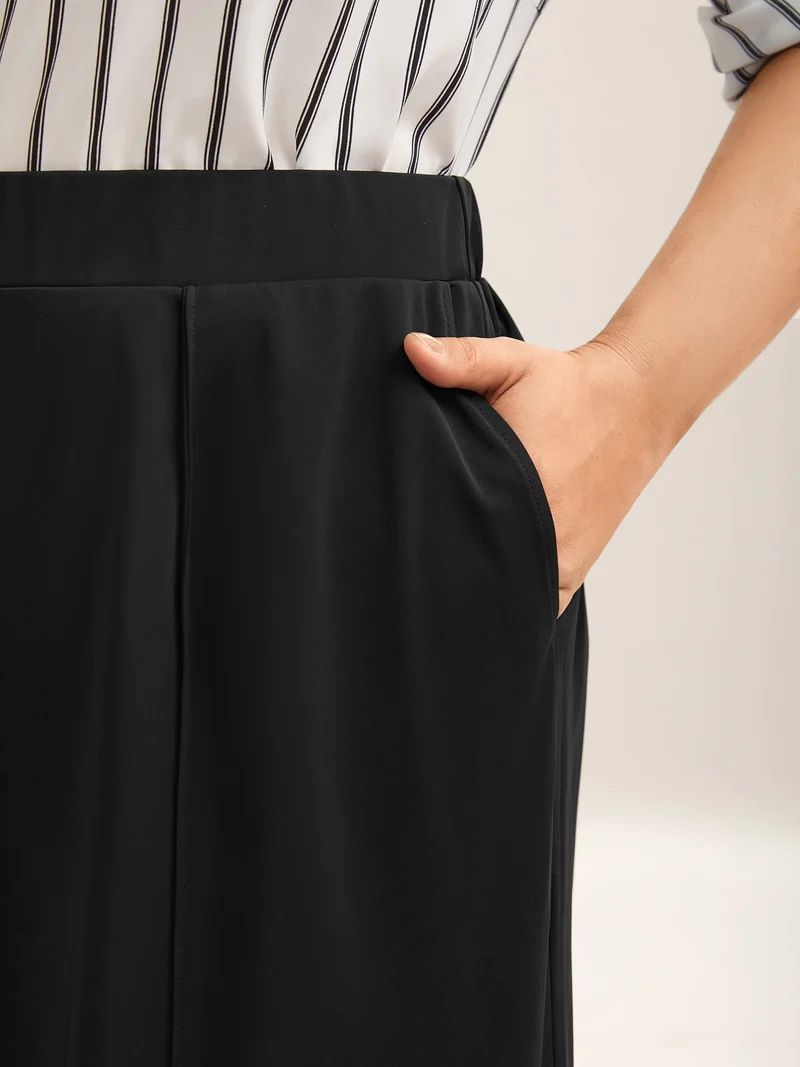 Stretchy Pleated Pockets Wide-Leg Pants