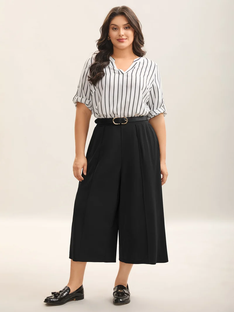 Stretchy Pleated Pockets Wide-Leg Pants