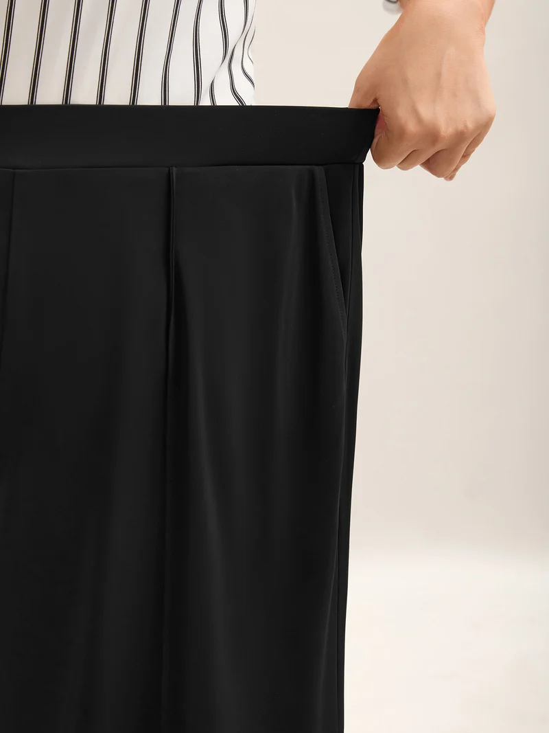Stretchy Pleated Pockets Wide-Leg Pants