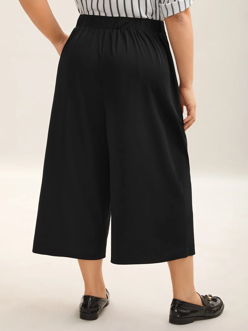 Stretchy Pleated Pockets Wide-Leg Pants