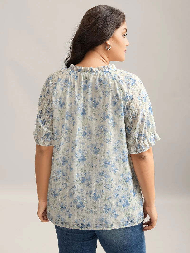 Floral Print Embroidered Petal Trim Blouse