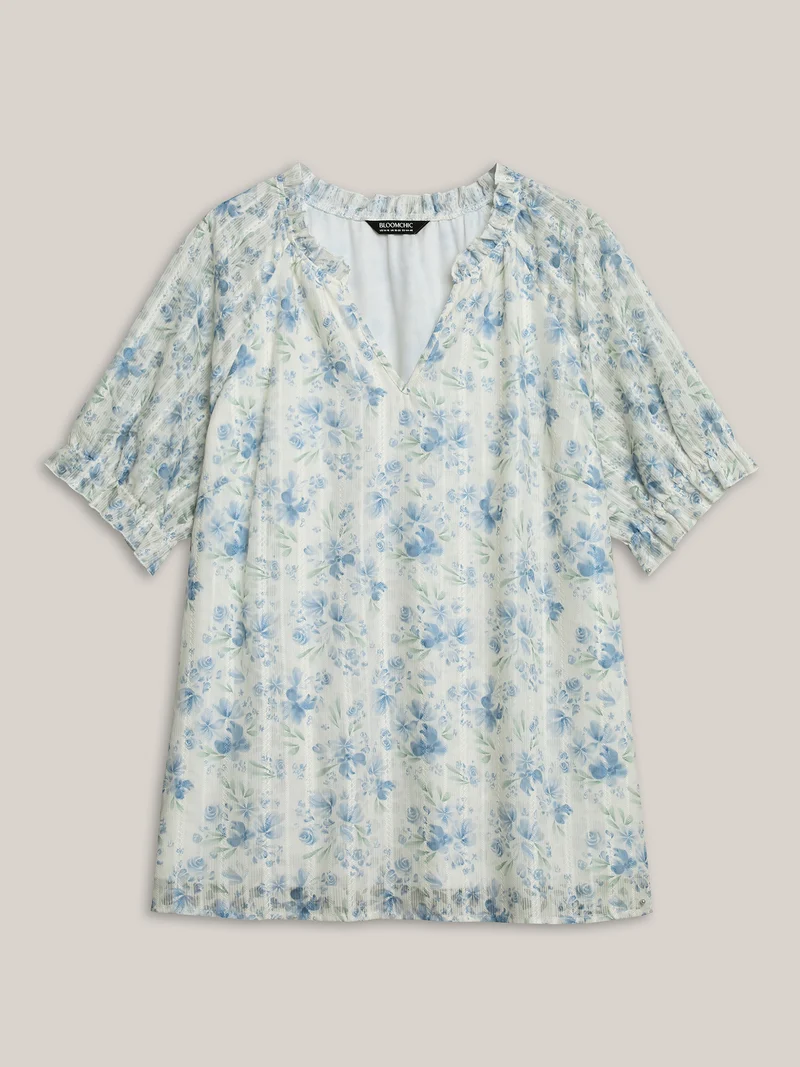 Floral Print Embroidered Petal Trim Blouse