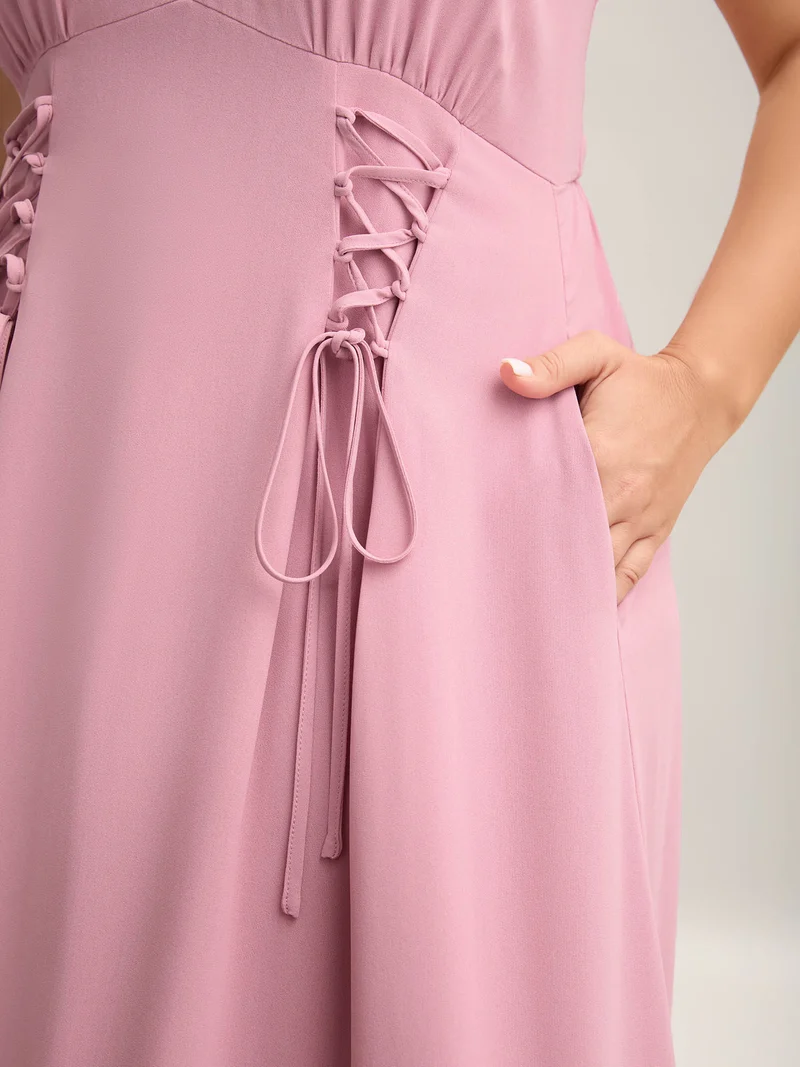 Tie-Up Panels Solid Pockets Midi Dress