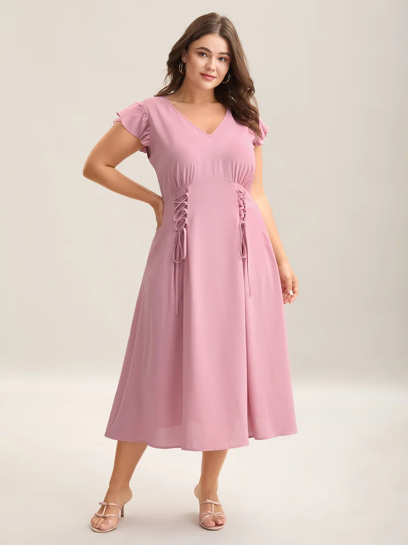 Tie-Up Panels Solid Pockets Midi Dress