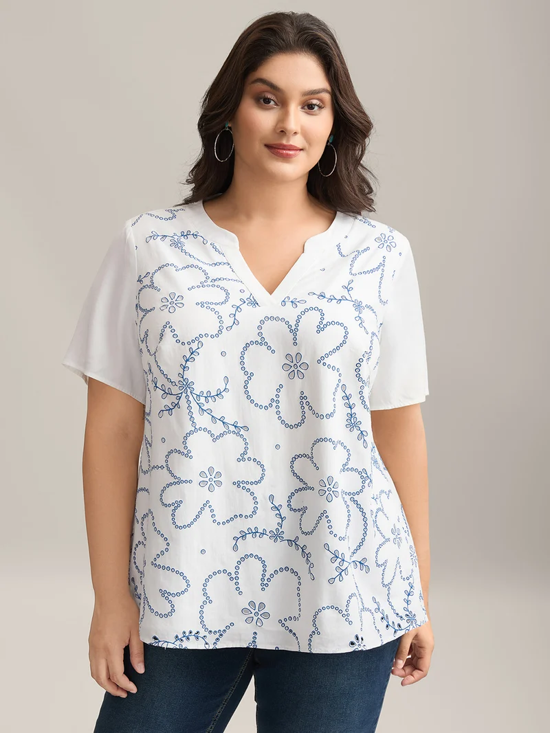 Large Floral Print Split Neck Blouse