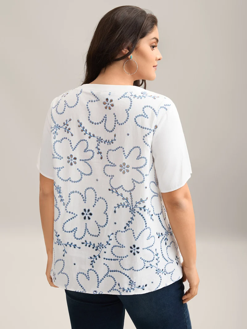 Large Floral Print Split Neck Blouse