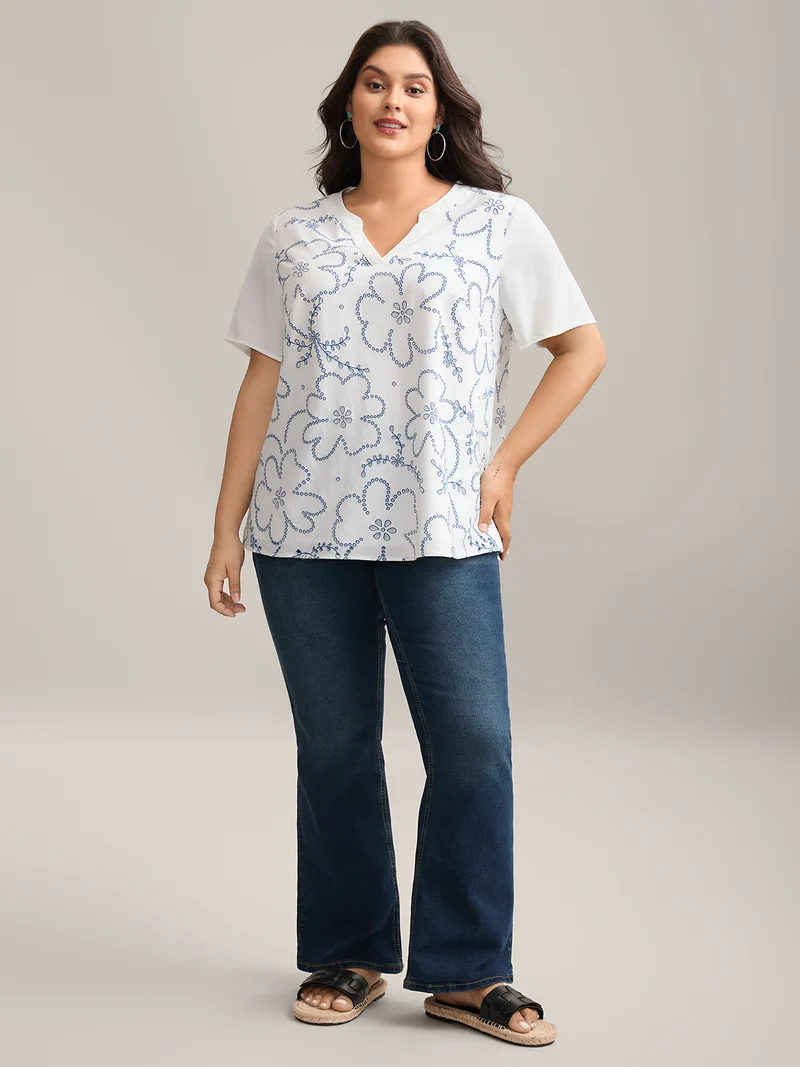 Large Floral Print Split Neck Blouse