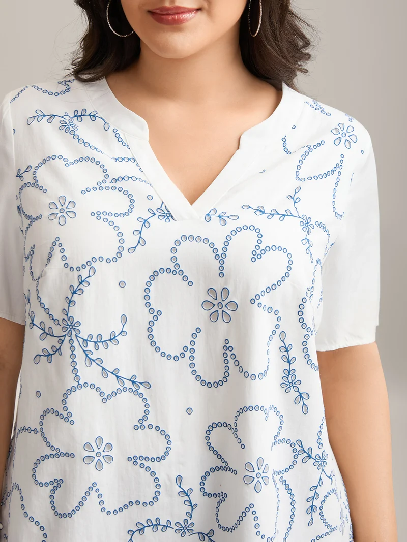 Large Floral Print Split Neck Blouse