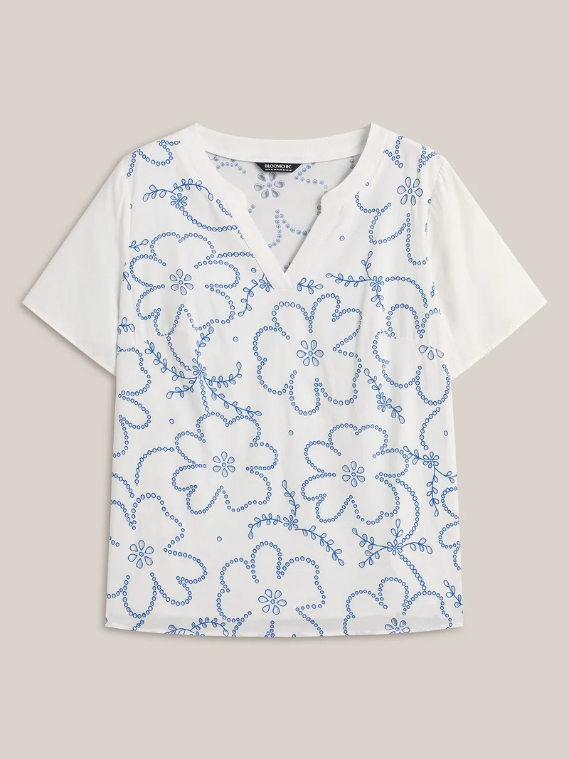 Large Floral Print Split Neck Blouse