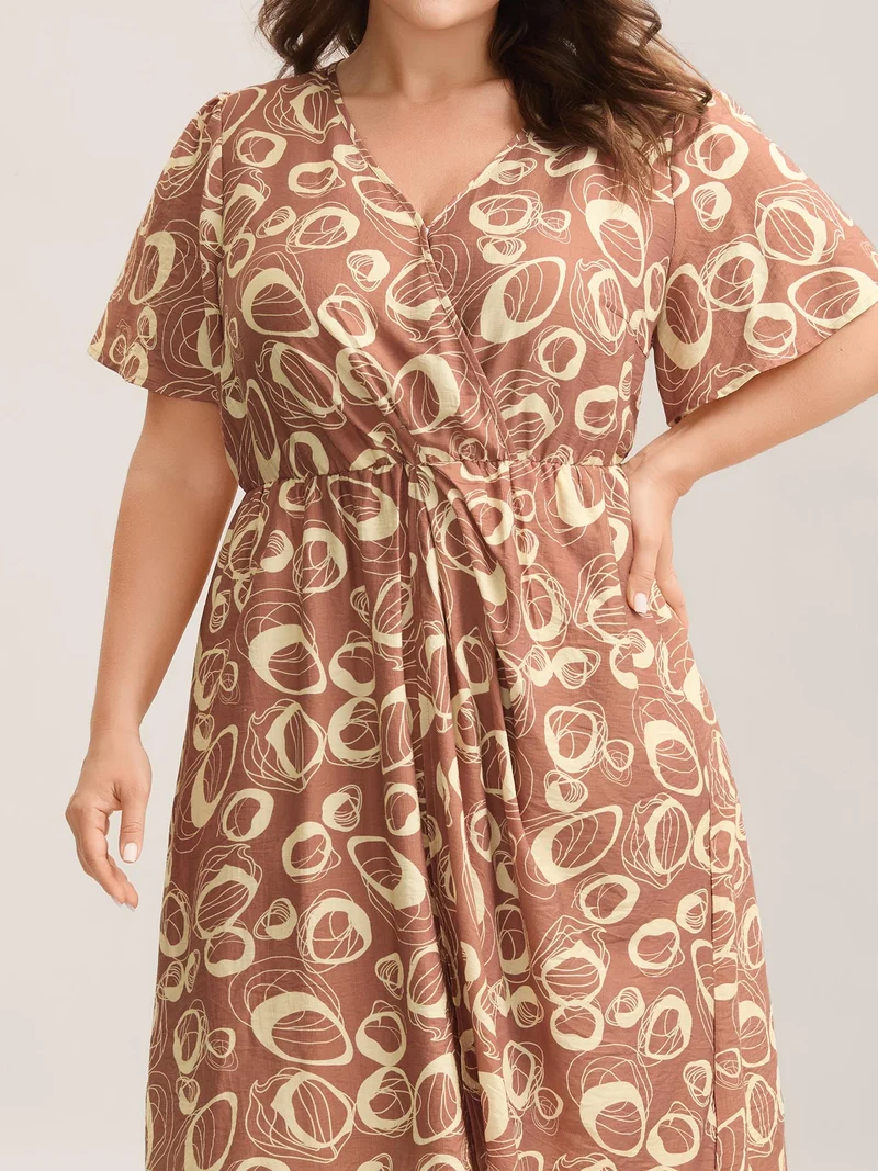 Rayon Bubble Print Stretchy Waist Pockets Midi Dress
