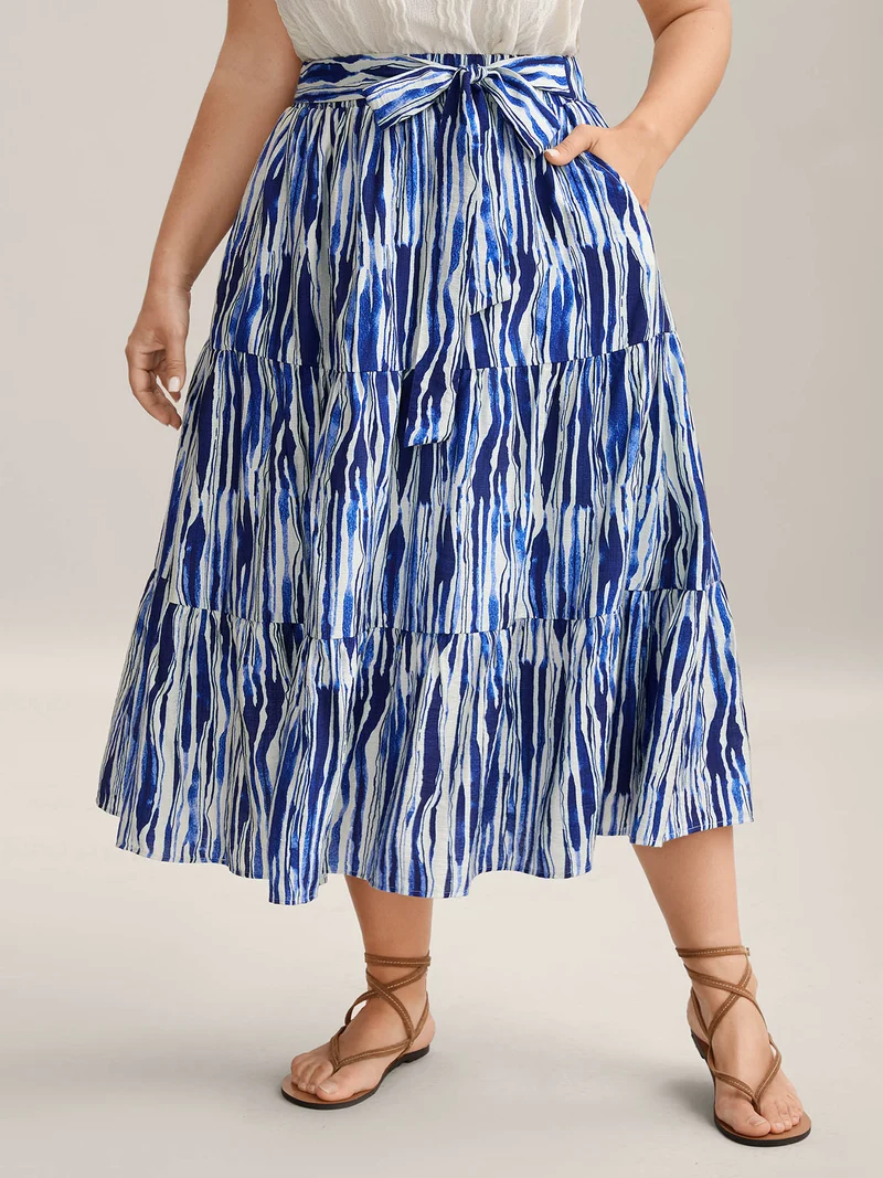 Nautical Stripes Belted Tiered Maxi Skirt