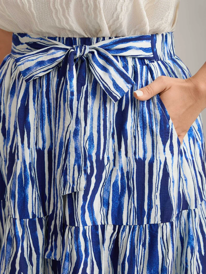 Nautical Stripes Belted Tiered Maxi Skirt